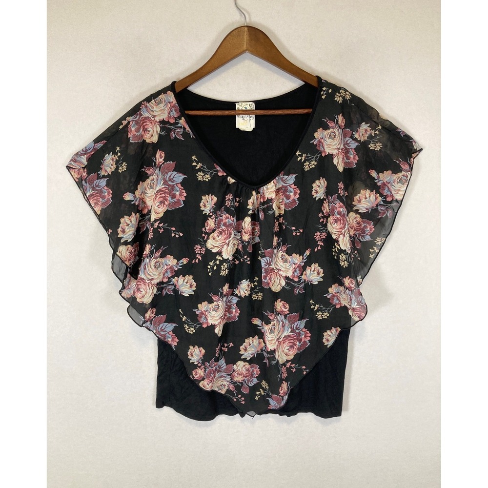 Dark Cottagecore Naif Women XL Black Floral Chiffon Layered Flutter Sleeve Top